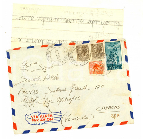 1955 STORIA POSTALE RONDISSONE per CARACAS Lire 100 POSTA AEREA con lettera 1955 STORIA POSTALE RONDISSONE per CARACAS Lire 100 POSTA AEREA con lettera